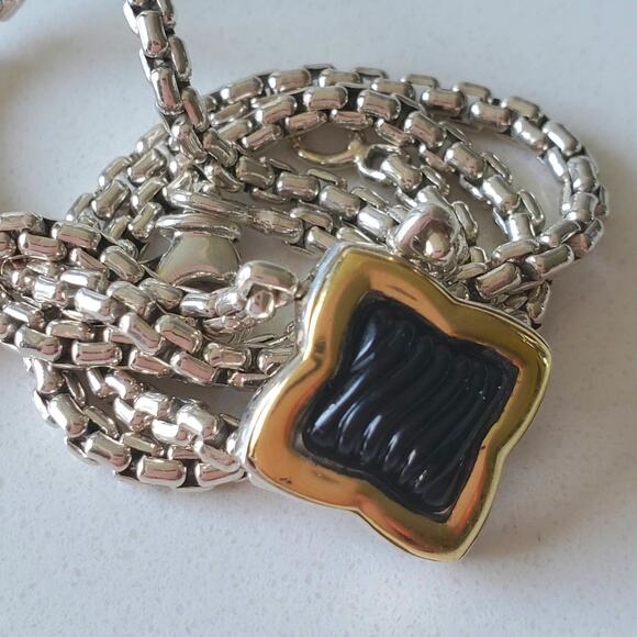 David Yurman Onyx Quatrefoil Sterling Silver & Gold Pendant Necklace 16in - Picture 2 of 7